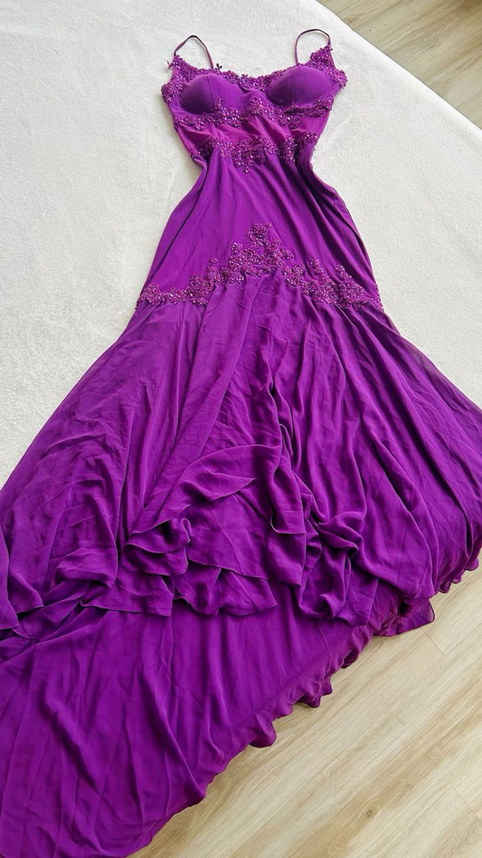 Robe de soirée longue violette à bretelles spaghetti et appliques, MD7865