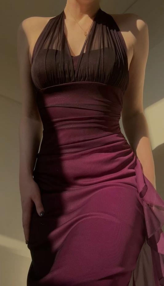 Robe de soirée longue vintage élégante violet foncé à col licou, MD7870