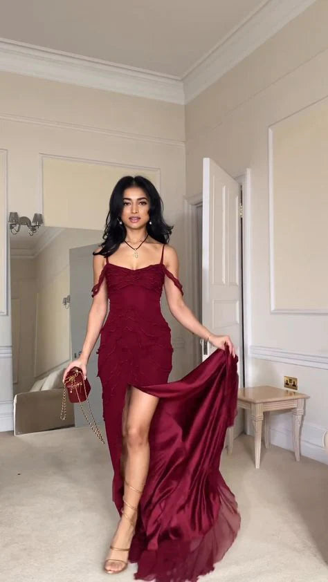 Robe de bal longue rouge vin à bretelles dénudées et volants superposés, MD7894