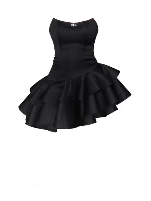 Robe de soirée courte noire bustier à volants, MD7895