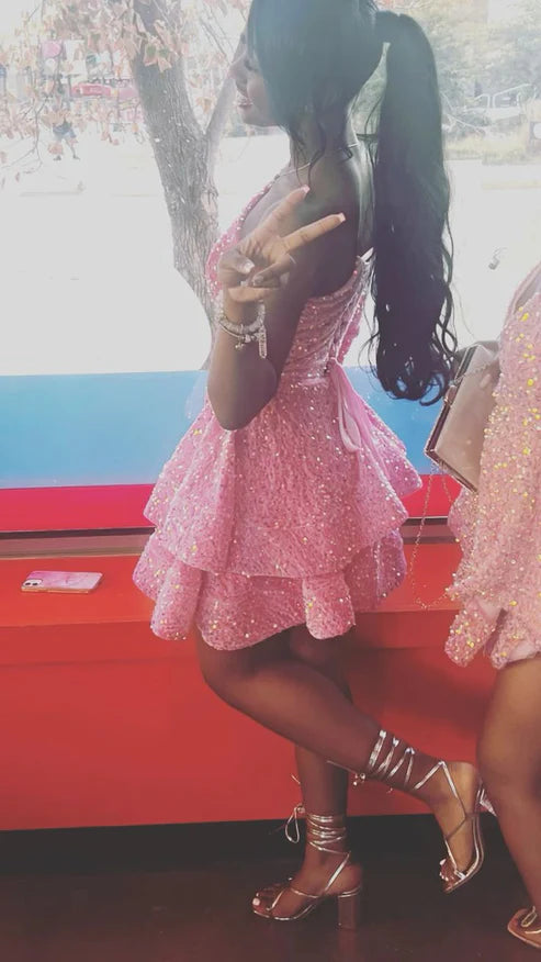 Rosa Neckholder A-Linie Pailletten Kurzes Partykleid Geburtstagsoutfits, MD7902