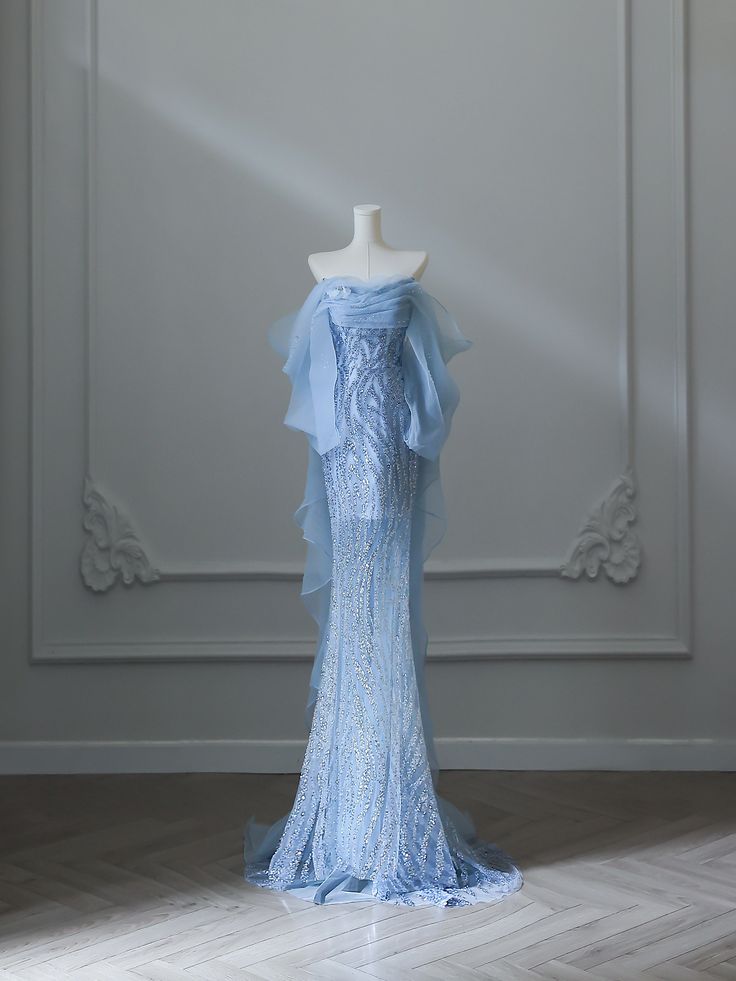 Wunderschönes blaues, schulterfreies, langes Meerjungfrauen-Ballkleid mit Pailletten, MD7904