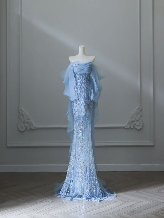 Superbe robe de bal sirène longue bleue à paillettes et épaules dénudées, MD7904