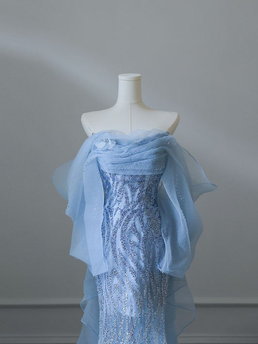 Superbe robe de bal sirène longue bleue à paillettes et épaules dénudées, MD7904