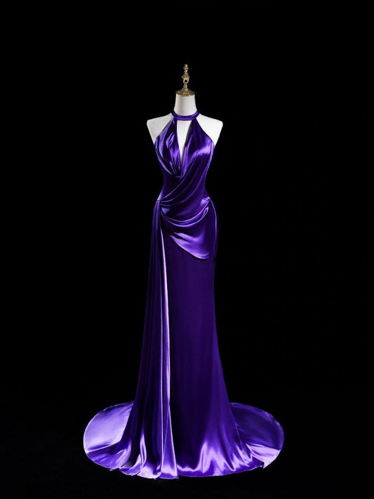 Robe de bal longue sirène en satin violet, élégante et décolletée, MD7905