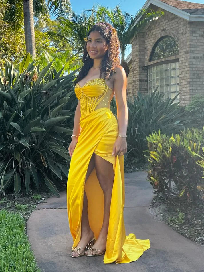 Robe de soirée fourreau longue jaune à col en cœur, MD7907