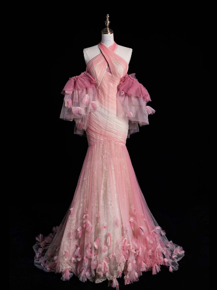 Robe de bal sirène longue rose à épaules dénudées et dos nu en tulle, MD7912