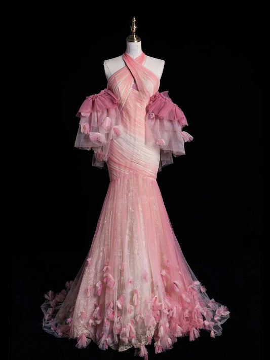 Robe de bal sirène longue rose à épaules dénudées et dos nu en tulle, MD7912