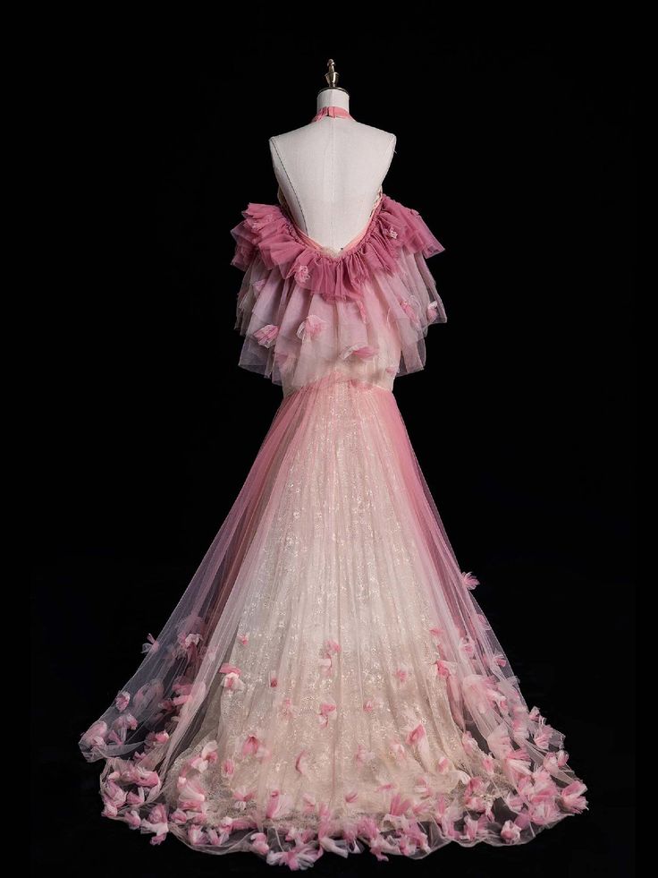 Robe de bal sirène longue rose à épaules dénudées et dos nu en tulle, MD7912