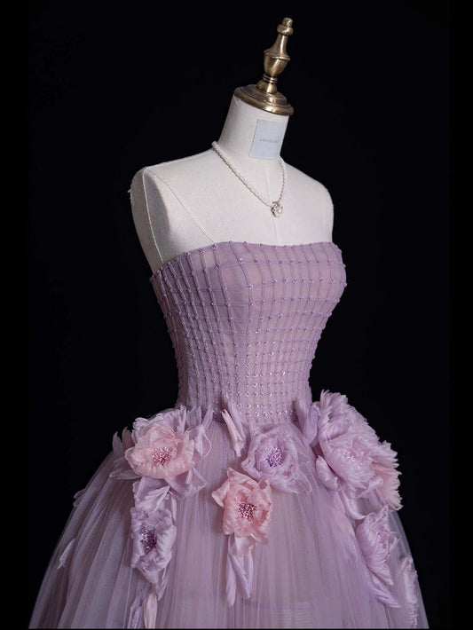 Robe de bal longue bustier trapèze en tulle violet poudré, motif floral, MD7913
