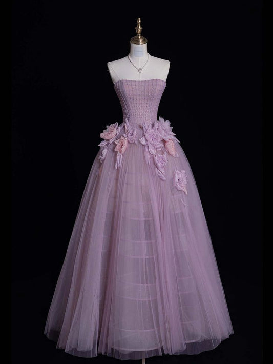 Robe de bal longue bustier trapèze en tulle violet poudré, motif floral, MD7913