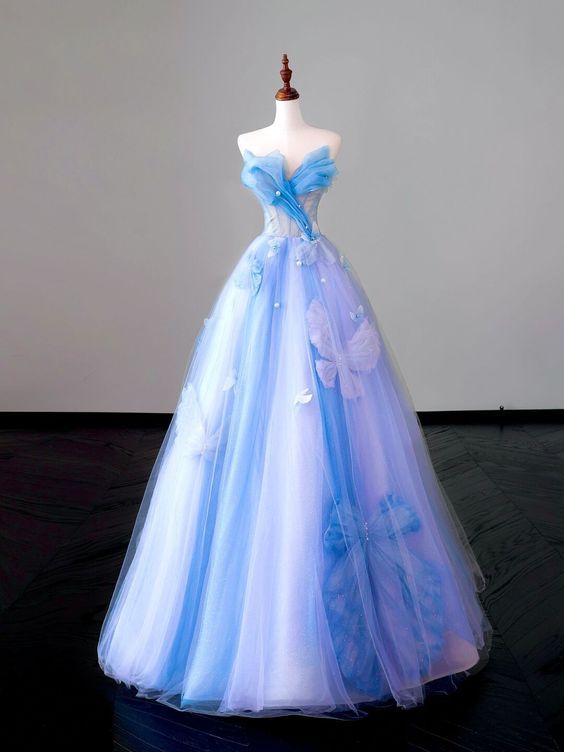 Robe de soirée longue en tulle bleu, bustier, coupe trapèze, MD7915