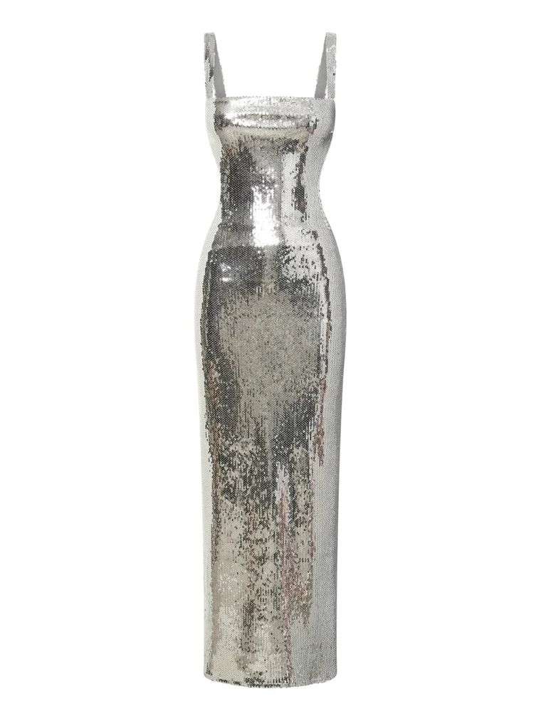Robe de soirée longue fourreau à bretelles argentées et paillettes, MD7923