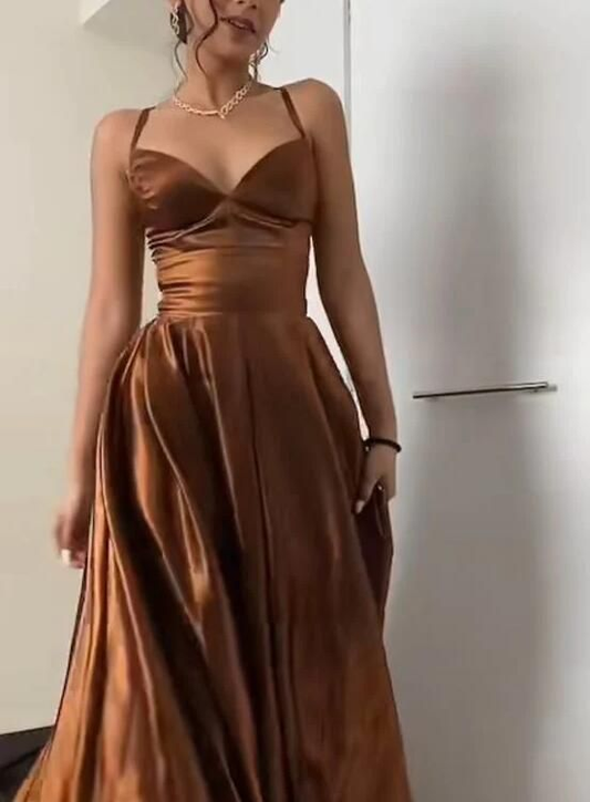Robe de soirée longue en satin marron à bretelles et col en V, coupe trapèze, MD7925