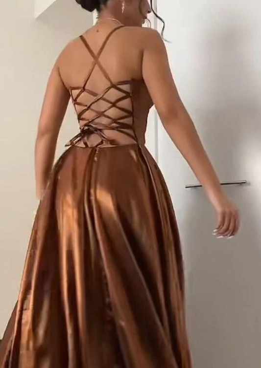 Robe de soirée longue en satin marron à bretelles et col en V, coupe trapèze, MD7925