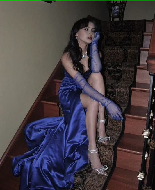 Robe de soirée longue en satin violet, élégante, bustier, coupe trapèze, MD7928
