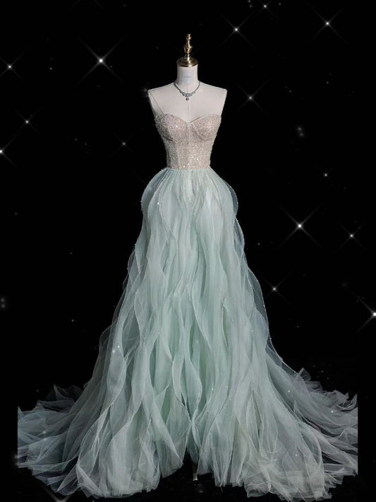 Robe de soirée longue bleu clair coupe trapèze à décolleté en cœur, MD7932