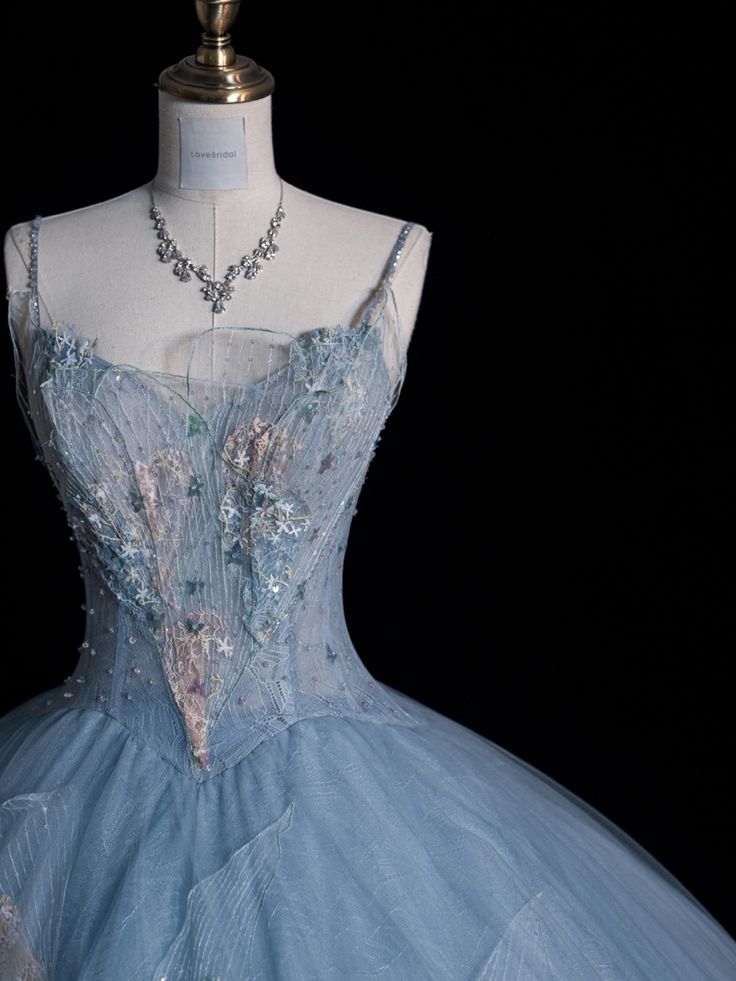 Blue Straps A-Line Floral Appliques Tulle Long Prom Dress Ball Gown, MD7933