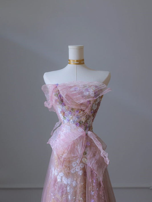 Robe de soirée longue rose bustier à imprimé floral, MD7935