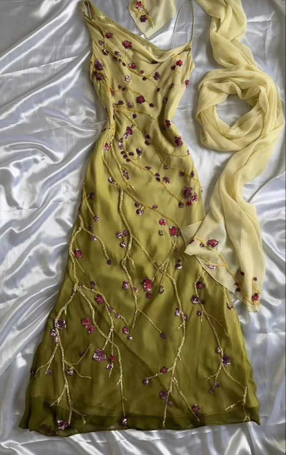 Robe fourreau vintage à bretelles et perles, vert ombré, MD7940