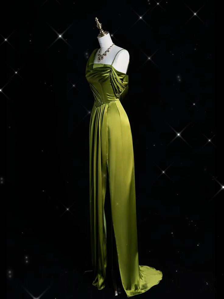 Robe de soirée longue en satin vert à bretelles, MD7944