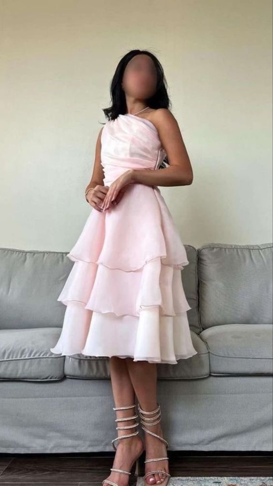Robe de soirée mi-longue rose asymétrique en mousseline de soie, MD7949