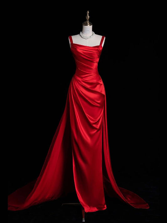 Charmante robe de soirée longue fourreau en satin rouge à bretelles, MD7951