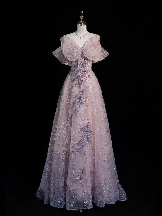Robe de bal longue rose à bretelles et épaules dénudées, coupe trapèze, MD7952