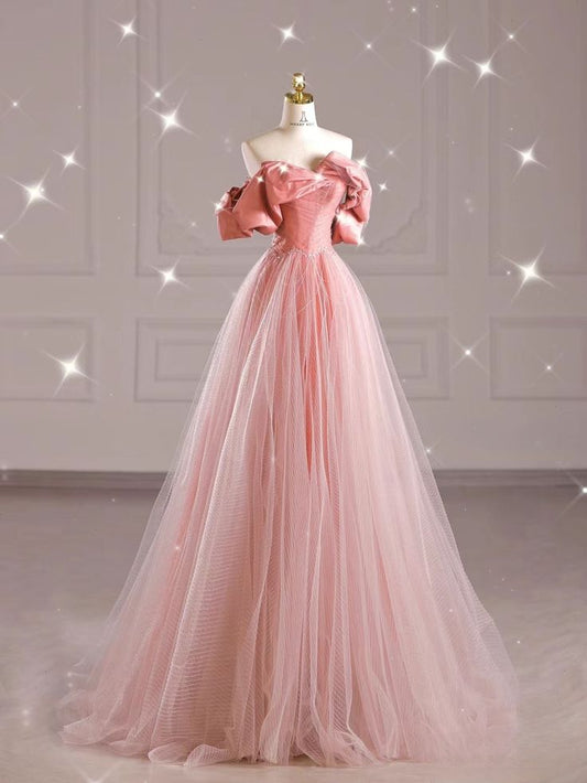 Robe de bal longue trapèze rose en tulle à épaules dénudées, MD7954