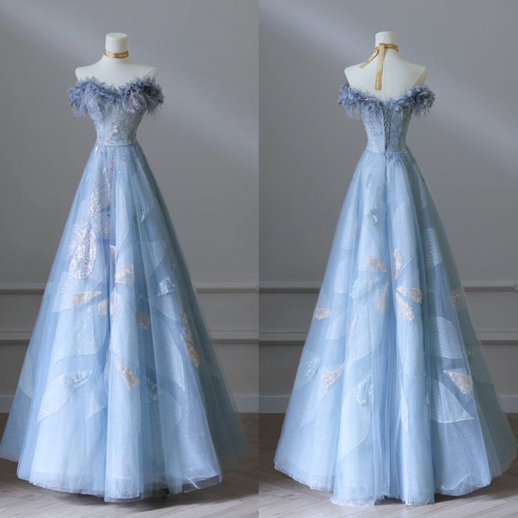 Robe de bal longue bleue en tulle fleuri, épaules dénudées, coupe trapèze, MD7956