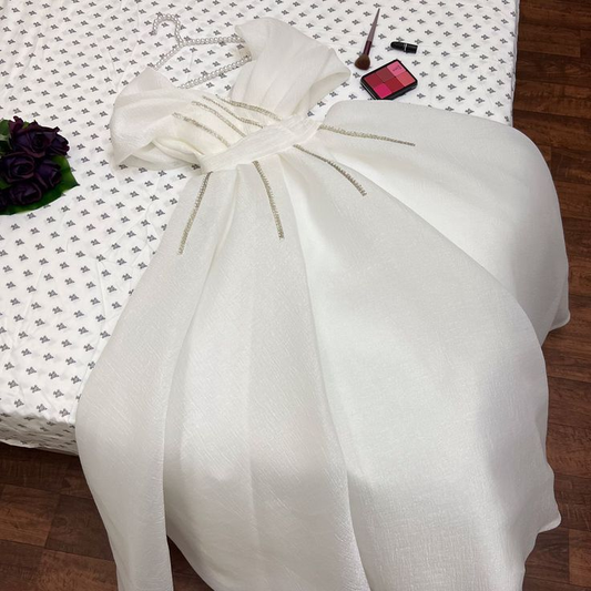 Weißes, schulterfreies, langes Chiffon-Partykleid in A-Linie, MD7959