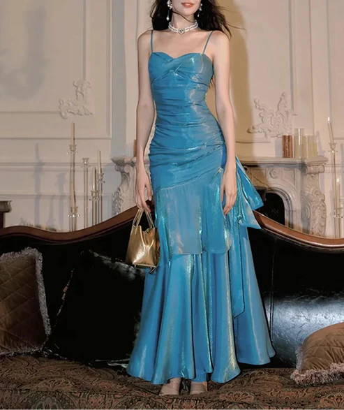 Blaues A-Linien-Partykleid aus Chiffon mit Spaghettiträgern, MD7976