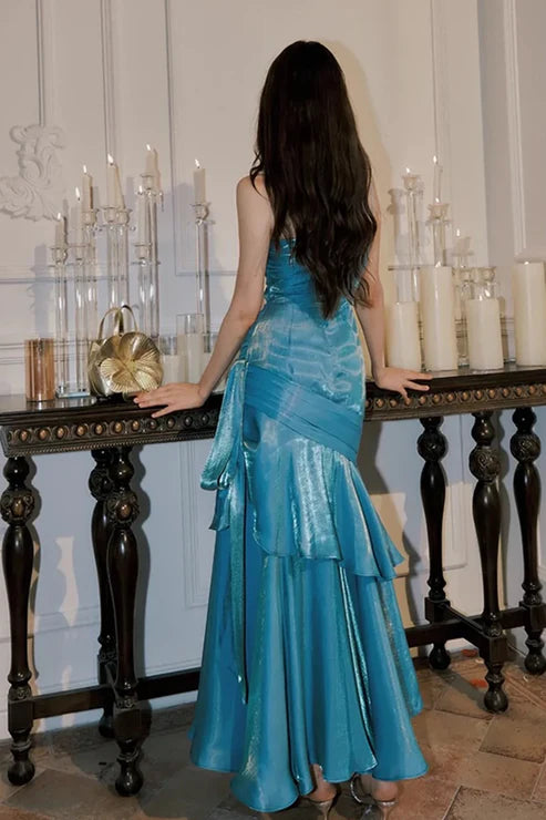 Blaues A-Linien-Partykleid aus Chiffon mit Spaghettiträgern, MD7976
