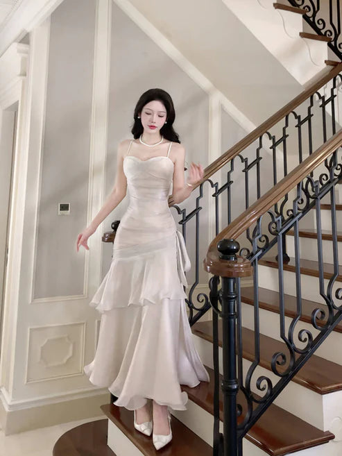 Weißes, langes Chiffon-Partykleid mit Spaghettiträgern in A-Linie, MD7977