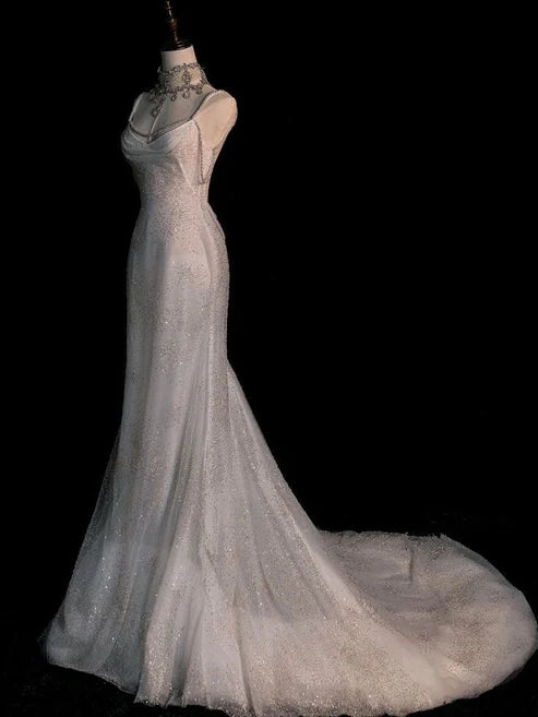Superbe robe de mariée sirène blanche brillante dos nu, MD7991