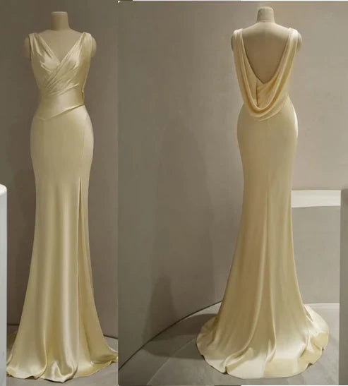Robe de bal longue sirène dos nu en satin jaune pastel, MD7993