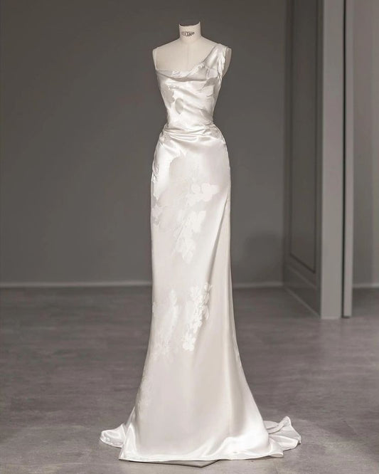 Robe de mariée élégante en satin, asymétrique, dos nu, style sirène, MD7998