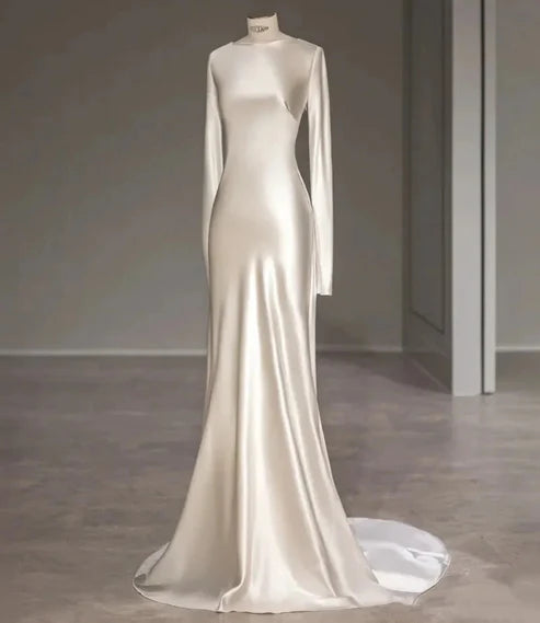 Robe de mariée élégante en satin ivoire, manches longues, dos nu, MD7999