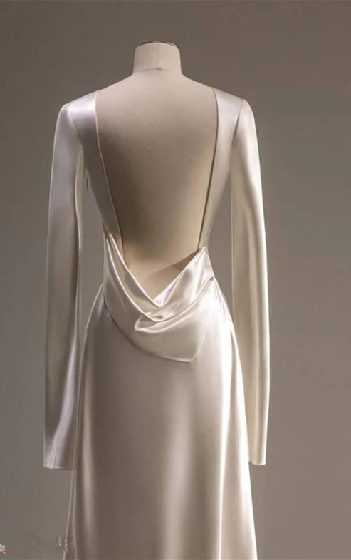Robe de mariée élégante en satin ivoire, manches longues, dos nu, MD7999