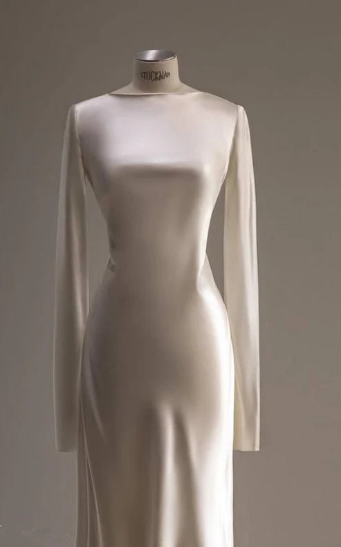 Robe de mariée élégante en satin ivoire, manches longues, dos nu, MD7999