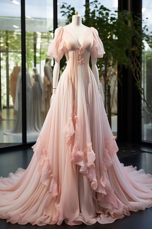 Robe de mariée en organza rose clair à col en V et coupe trapèze, MD8000