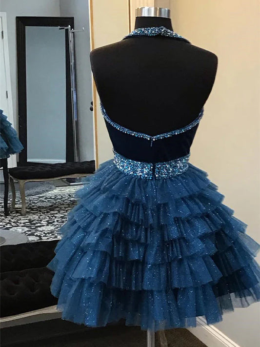 Stunning Homecoming Dress Halter Beaded Sequins Tulle V Neck Cascade Back to School Outfits Party Dress D7937