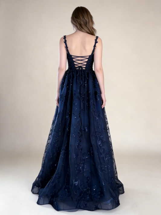Navy Blue Straps A-Line Lace Long Prom Dress Evening Gown MD7844