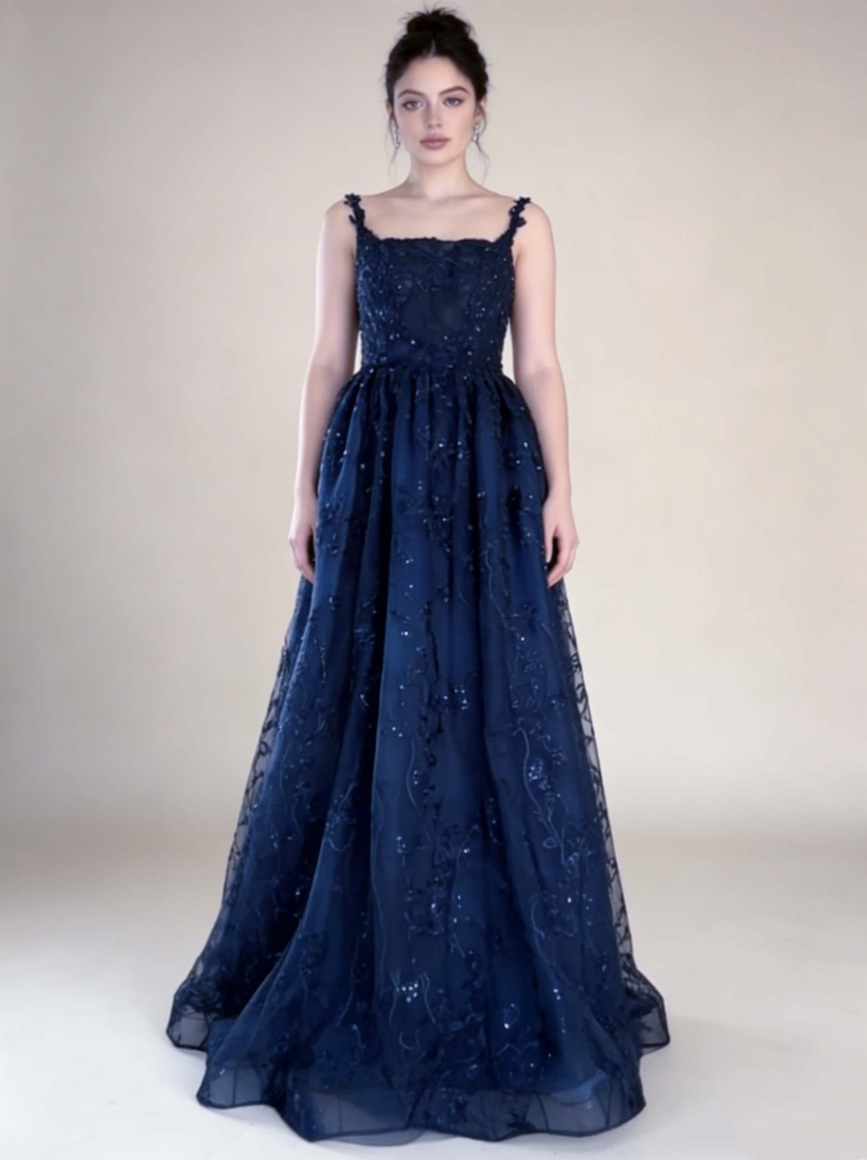 Navy Blue Straps A-Line Lace Long Prom Dress Evening Gown MD7844