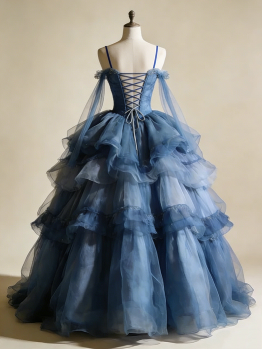 New Arrial Ball Gown Blue Spaghetti Straps Pleated Tulle Prom Dresses Quinceanera Dress Evening Gala Gown D4793