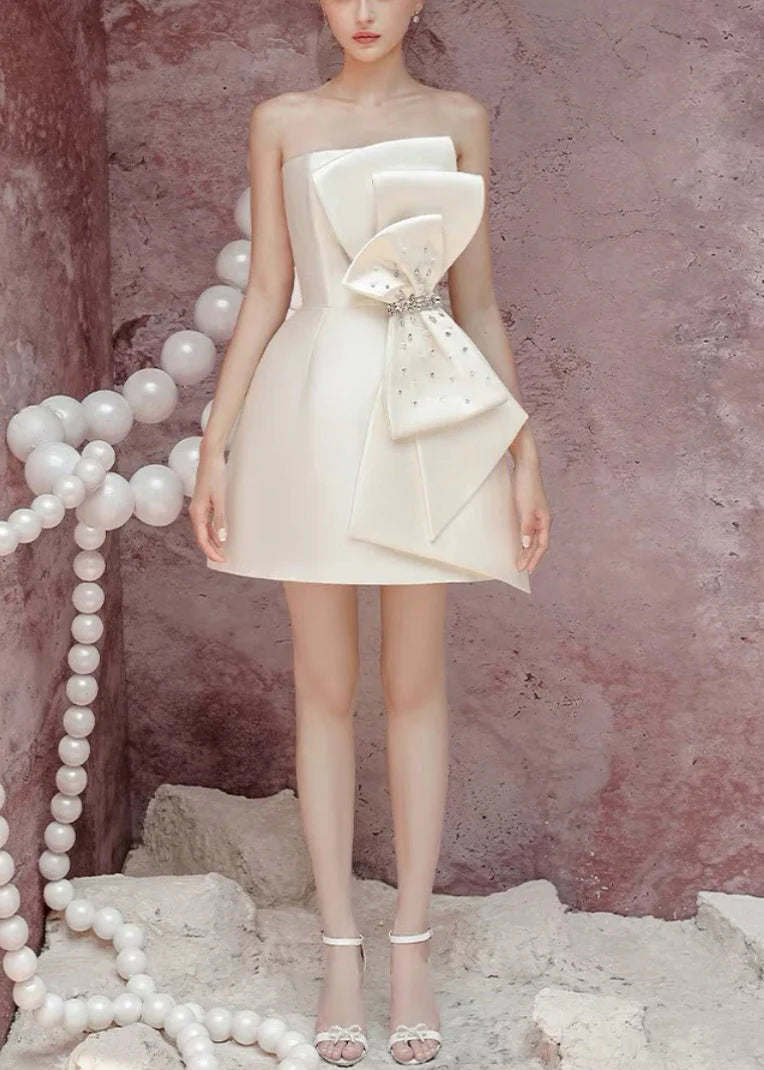 Beautiful Homecoming Dress Strapless Rinestone Bowknot Back to School Outfits Party Dress D7247