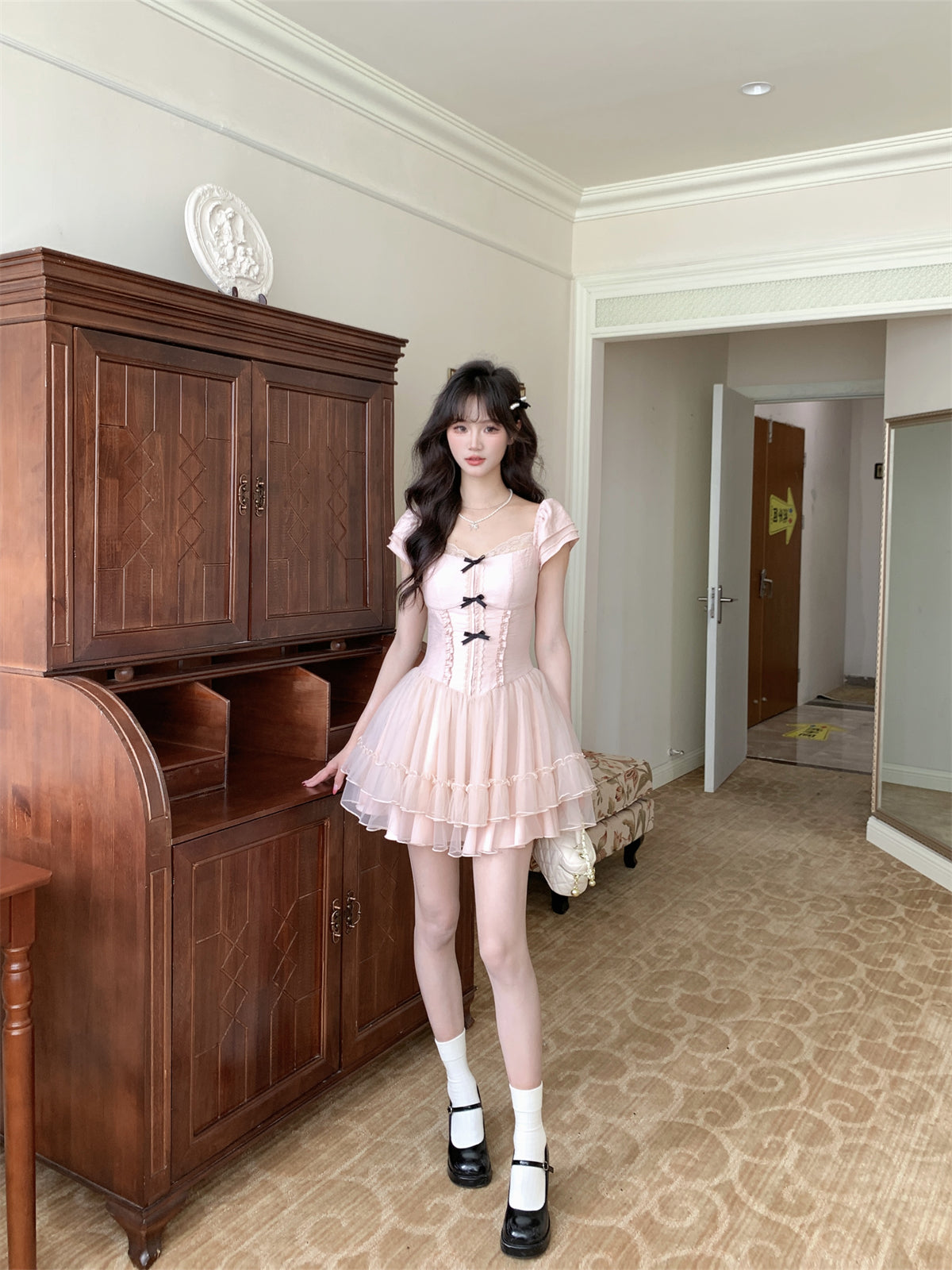 Cute Suqare Neckline Lace Tiered Draped Short Prom Dress Homecoming Dress with Bowknot D1754