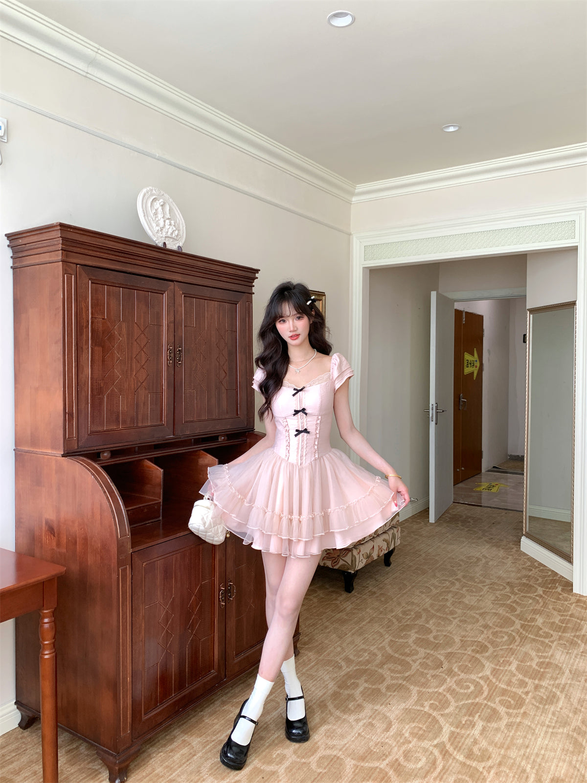 Cute Suqare Neckline Lace Tiered Draped Short Prom Dress Homecoming Dress with Bowknot D1754