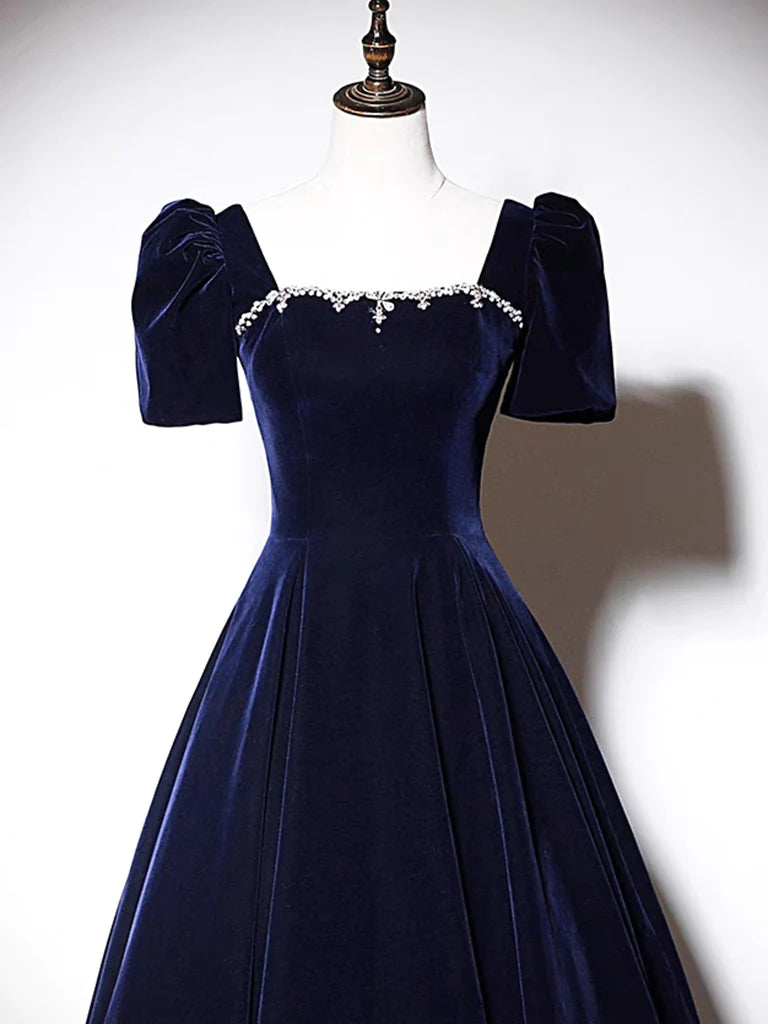 A-Line Dark Blue Velvet Long Prom Dress, Blue Formal Evening Dress MD7171