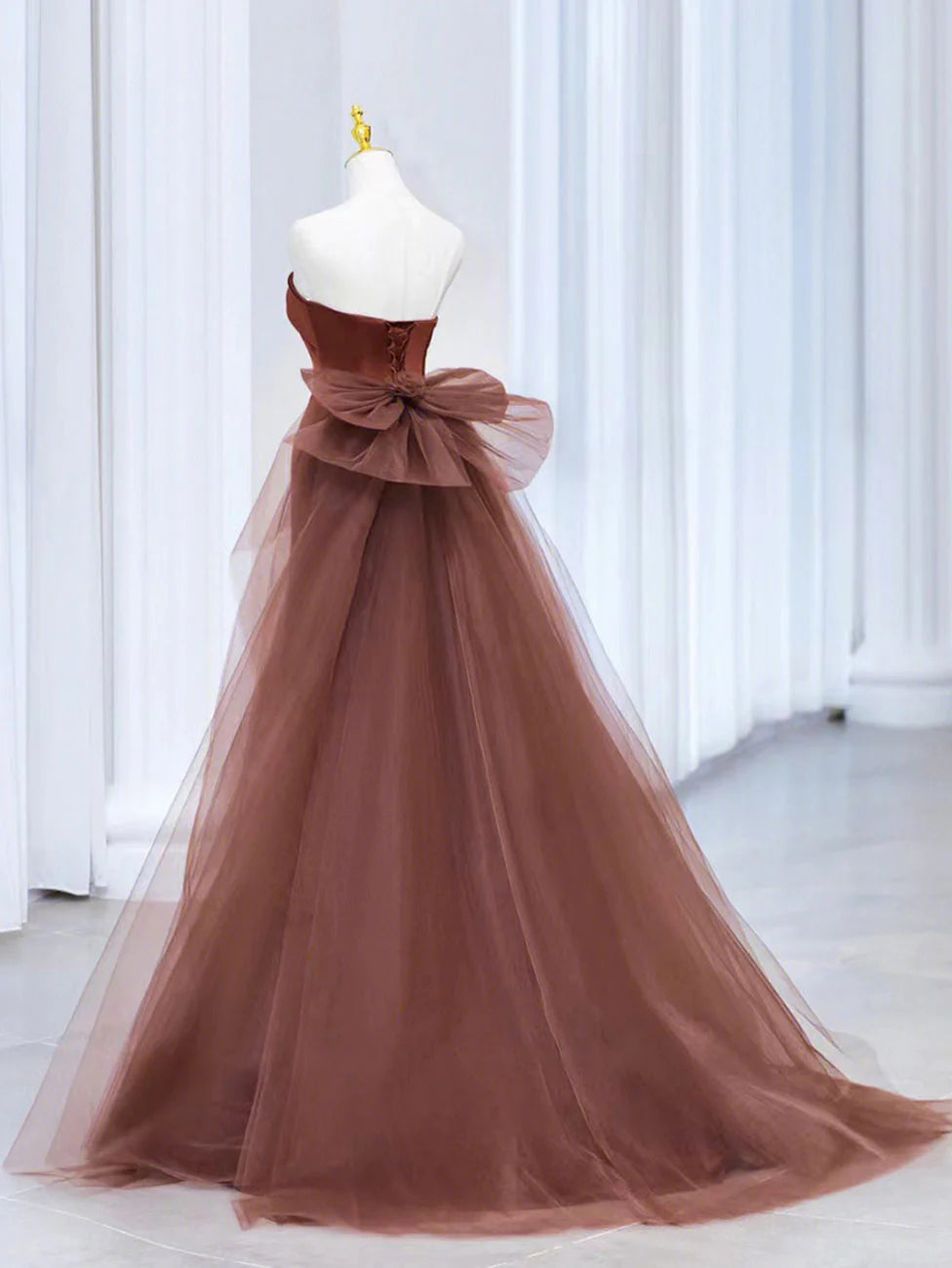 Brown Mermaid Satin Tulle Long Prom Dress, Brown Long Evening Dress MD7164